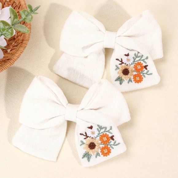 Other - White 2pc Hair Bows with Floral Embroidery